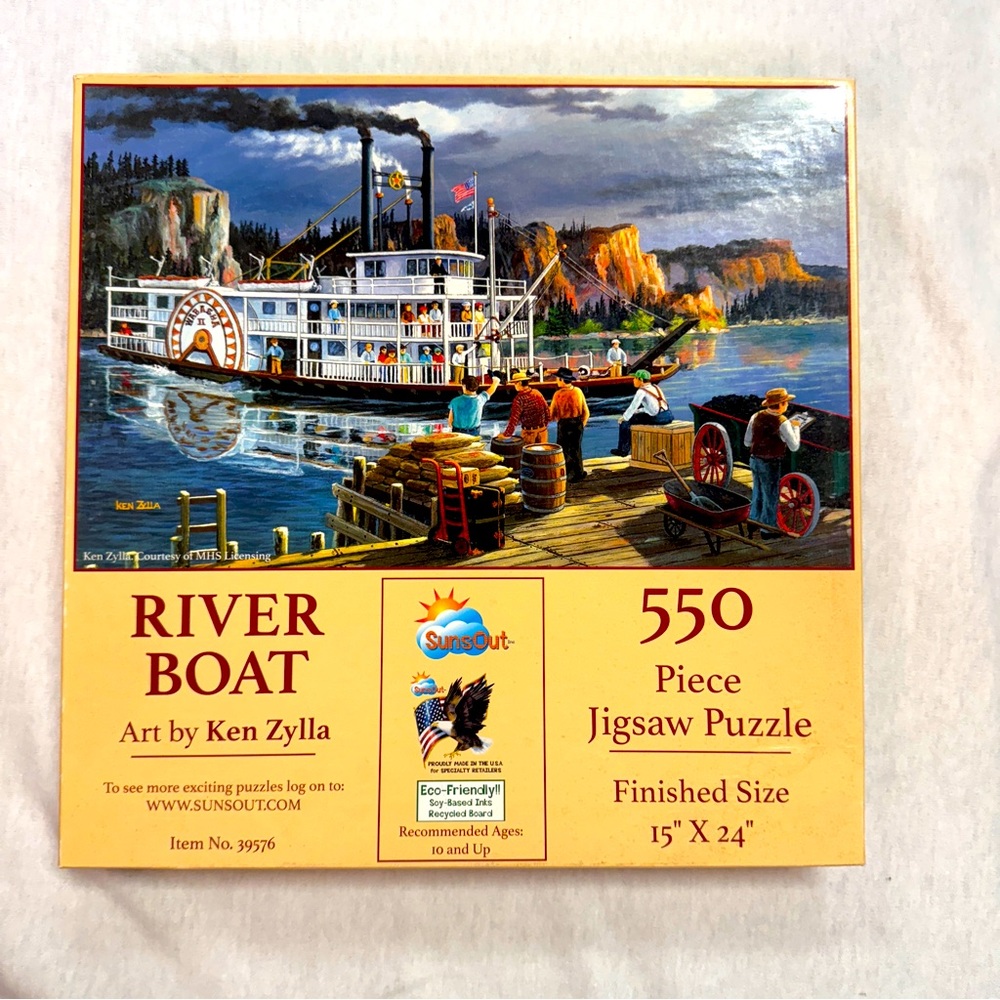 SUNSOUT jigsaw puzzle 550pc RIVERBOAT lake mountains game water pier Boat family